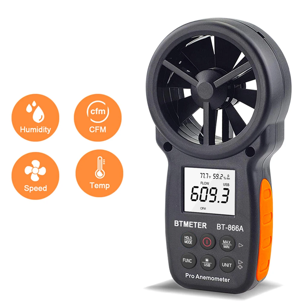 BTMETER HVAC Anemometer CFM Meter Handheld Digital Wind Speed Meter Gauge Test Measure Air Flow Humidity With Backlight USB Data