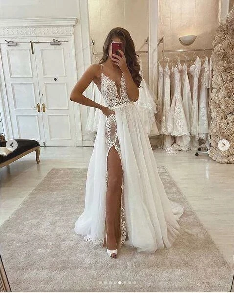 

AP V-Neck Sexy White Transparent Vestidos De Novia Side Split Wedding Dress Bride Robe De Mariée Customize