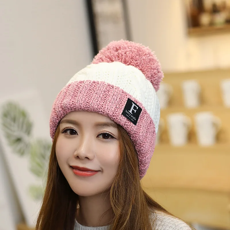 

Knitted Winter Letters hats Women Double Thicken and Warm Cap Two Colors 2020 Beanies Wool Toque Wool Ball lovely Korean Bonnet