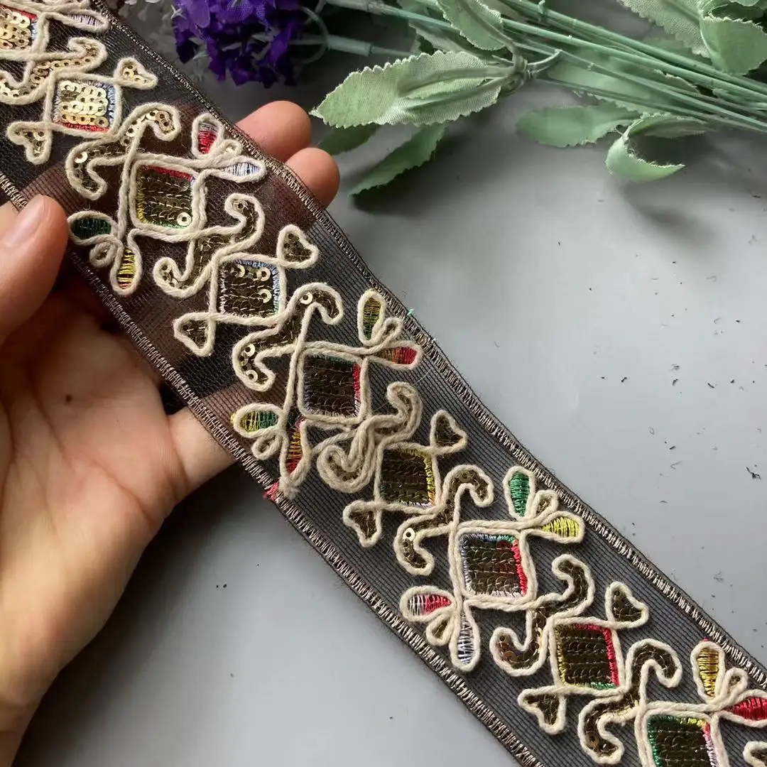 Afbeelding 3: 1 yards kanten versieringen 50 mm veelkleurig etnisch draad mesh pailletten singels lint tape schoenen jurk decoratief geborduurd doe-het-zelf naaien