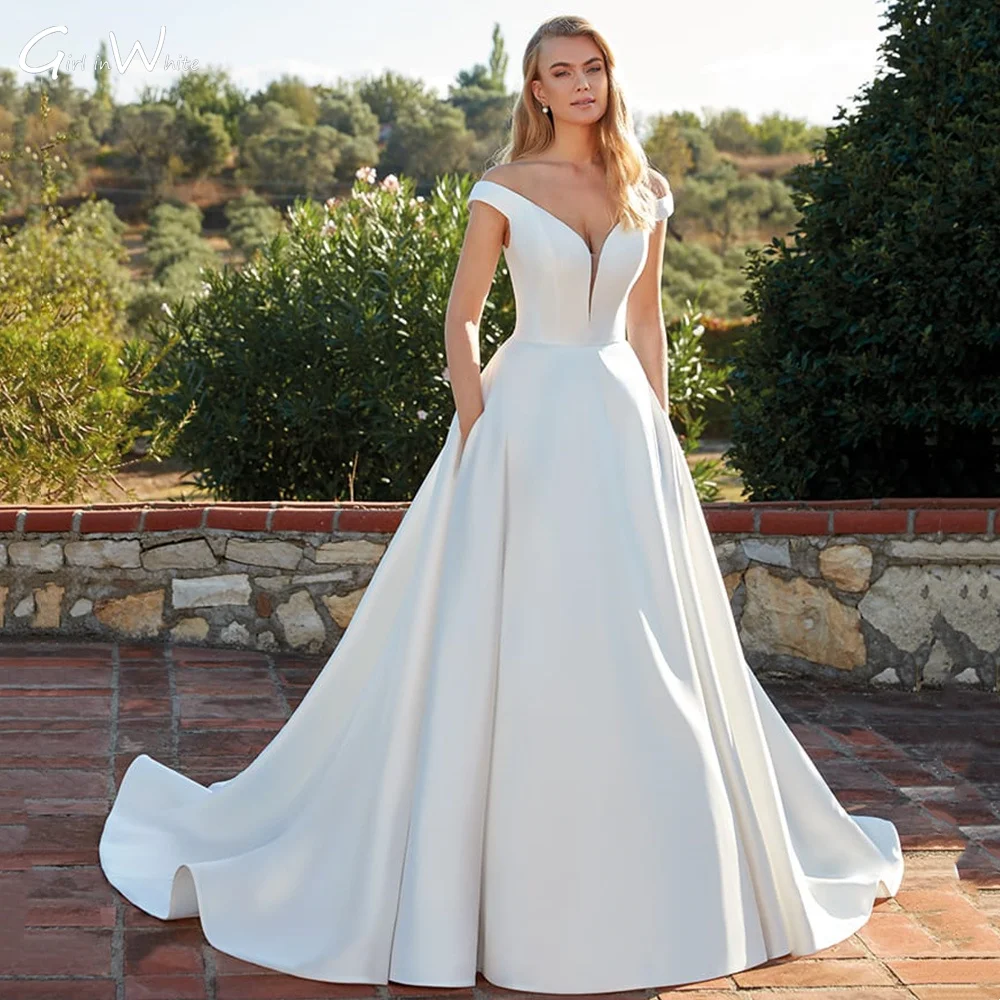 Robe De mariée en Satin blanc, grande taille, Chic, Simple, manches cape, Court, traine, princesse