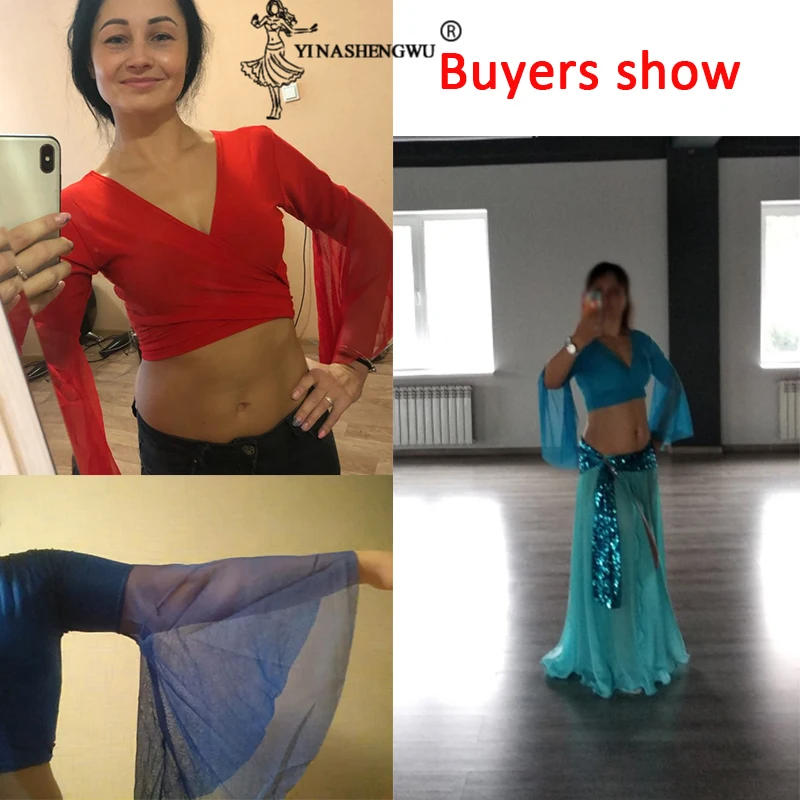 2019 Belly Dance Performance Top Hot Popular Sexy Women V-Neck Chiffon Lake Blue Belly Dance Tops Dancing Costumes High Quality