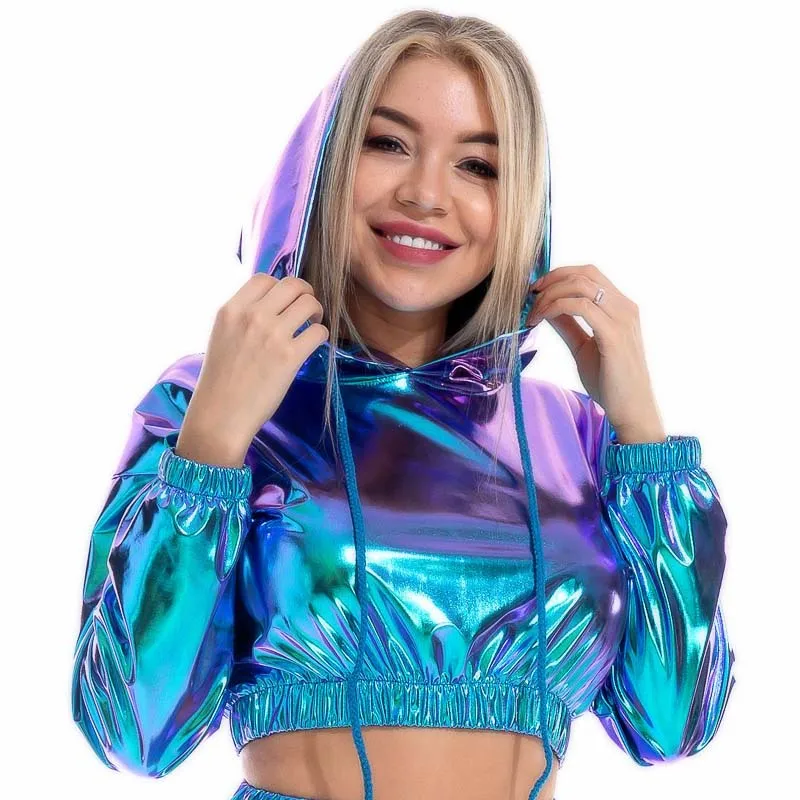 Sexy Cropped Holographic Hoodies Women Shiny PU Metallic Hoody Long Sleeve Short Sweatshirt With Drawstring Pullovers Streetwear