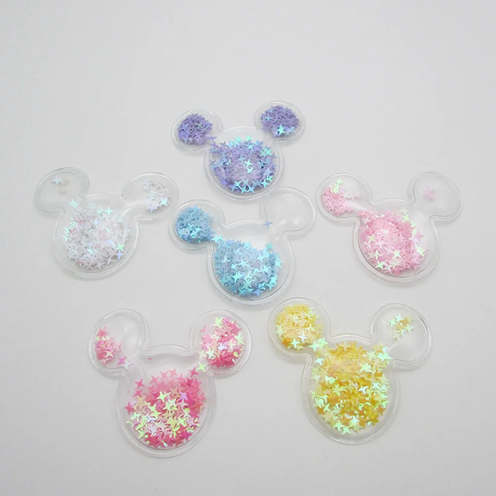 60pcs/lot Fantasy Transparent PVC Mouse Head patch applique with Hearts Sequin For Clothes Clip Headwear Accessories