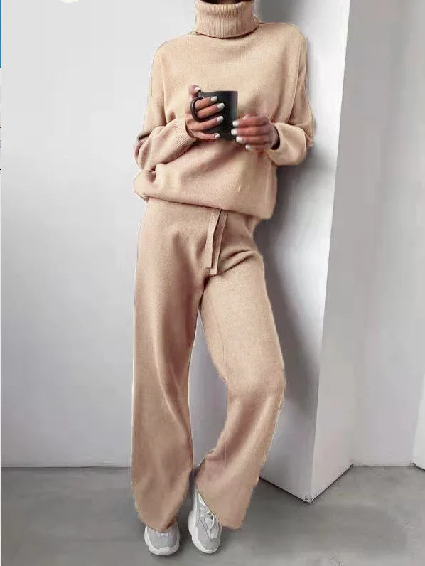 Women Sweater Suit Autumn Turtleneck Pullover Two Piece Set Casual Solid Loose Sweater and Long Pants Tracksuit Female Outfits