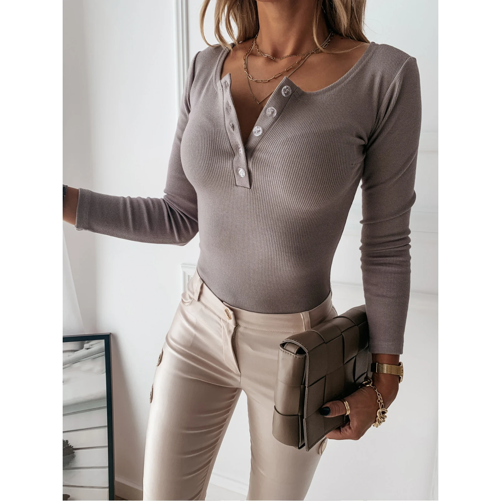 Autumn Women Blouse Sexy V Neck Button Long Sleeve Solid Color Slim Pullover Top Women\'s Clothing blusas elegantes para mujer