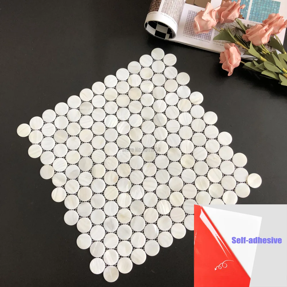 6 Pcs/Pack Korea White Round Shell Mosaic Tiles 30x30cm Self-Adhesive Mother of Pearl Wall Brick for Kitchen Bathroom Wall Decor