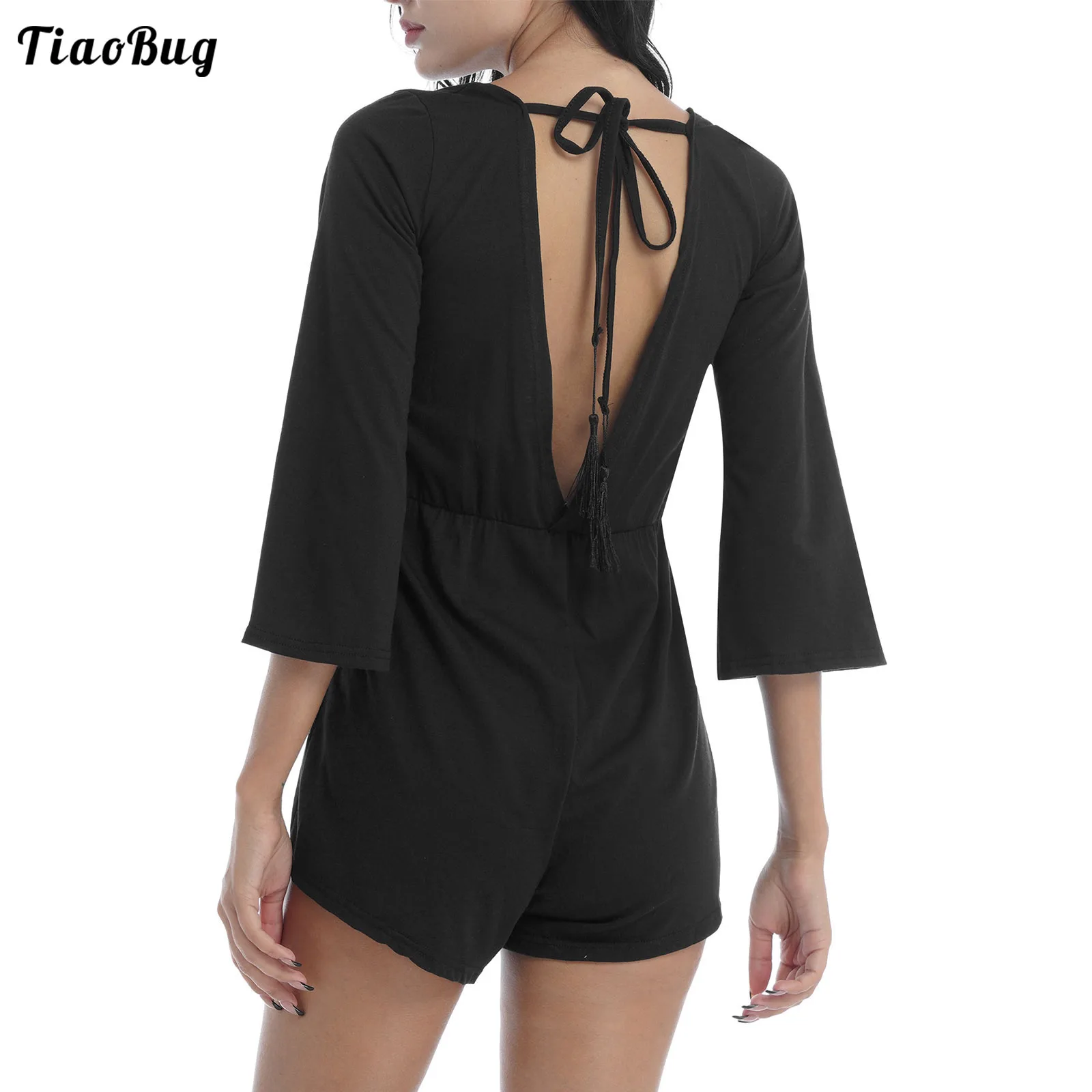 

TiaoBug Women Summer Pure Color Jumpsuit V Neck Strap Self Tie Back Half Sleeves V Shape Open Back Elastic Waist Shorts Bodysuit