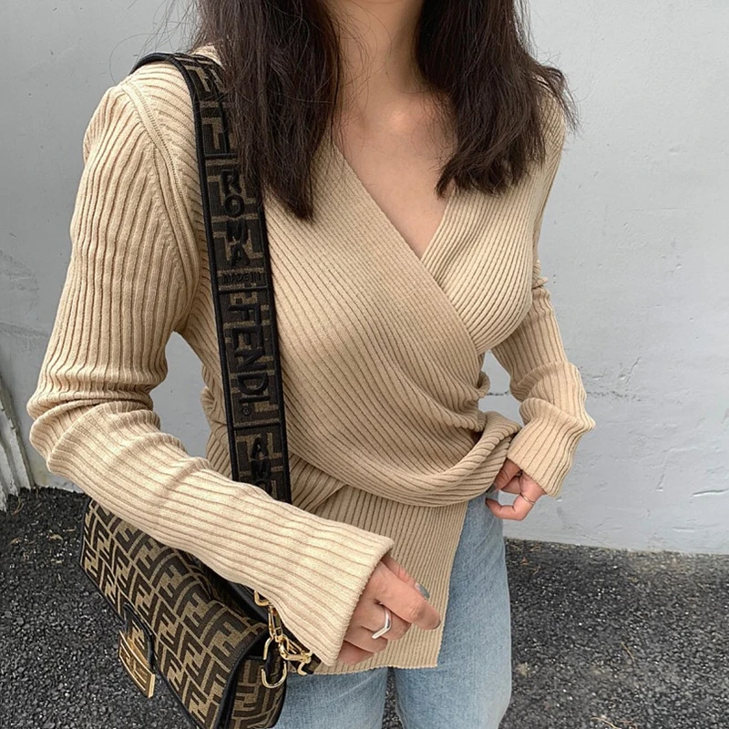 Criss-Cross V Neck Pollover Autumn 2021 Korean Top Thick Knitted Loose Jumper Cute Sweater Woman Solid Warm Winter Clothes Women