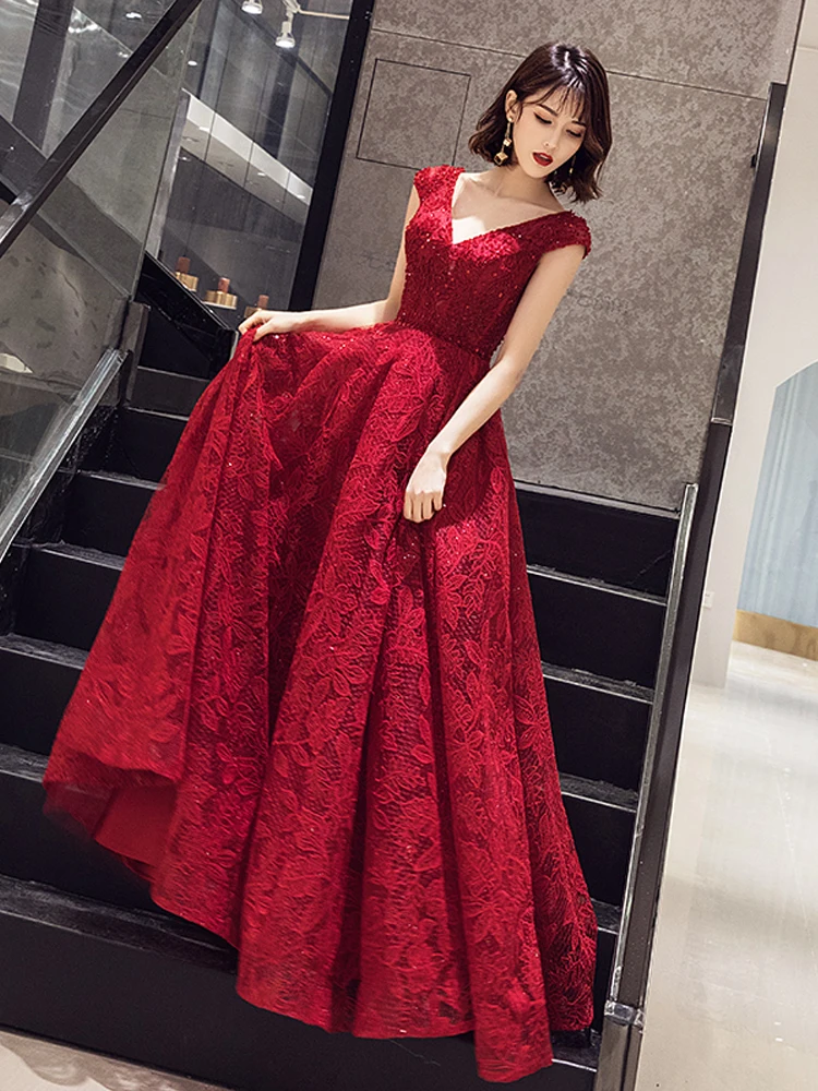 

Long Evening Dresses Cap Sleeves Lace sequins Prom Dress Elegant Beading Embroidery Formal Gowns vestidos de gala Ladies Gown