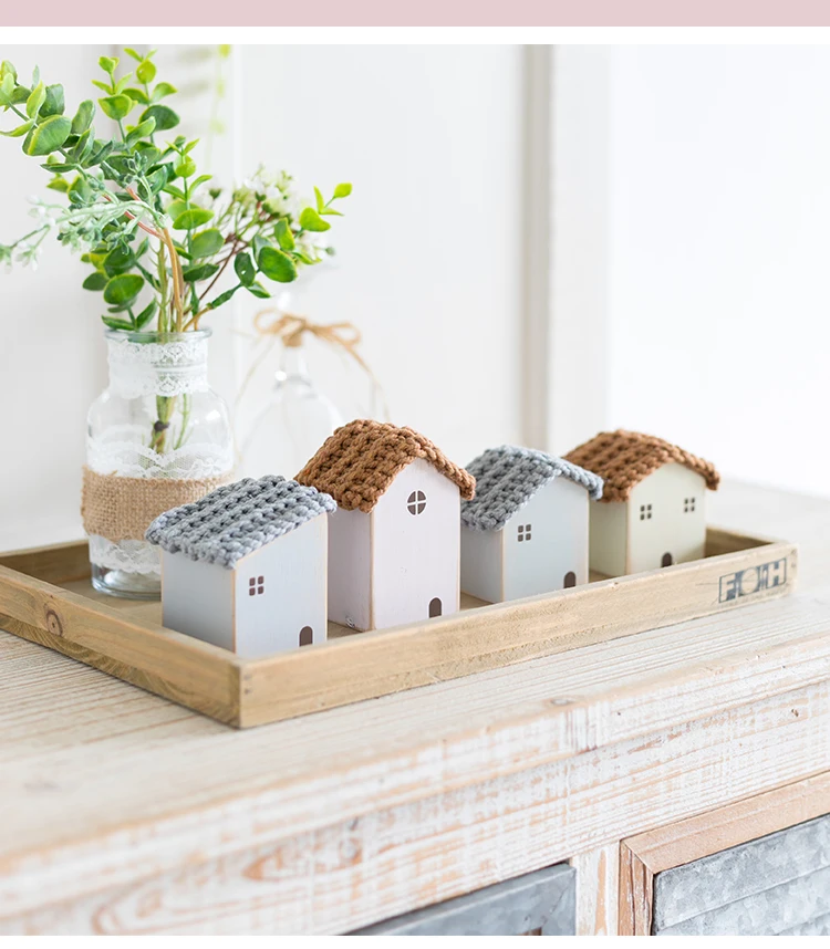 Nordic Wooden House Ornaments Home Decoration Wood Architecture with Woven Proof Cute Desk Miniature Craft Work Nursery Decor