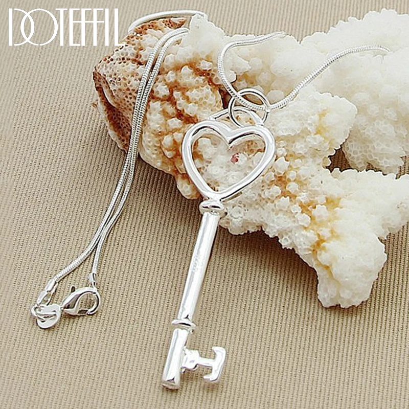 DOTEFFIL 925 Sterling Silver Heart Key Pendant Necklace 18 inch Snake Chain For Woman Fashion Wedding Engagement Charm Jewelry