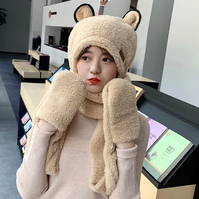 Warm Adult Bear Cute Warm Autumn Winter Plush Hat Scarf Gloves One Three Piece Set Girl Fashion Coral Velvet