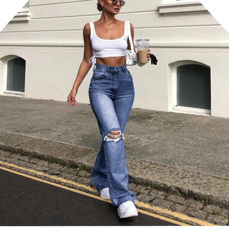 Women Casual High Waist Ripped Hole Straight Flare Jeans Mom Washed Denim Pants 90S Baggy Jeans Streetwear Trousers Bleached