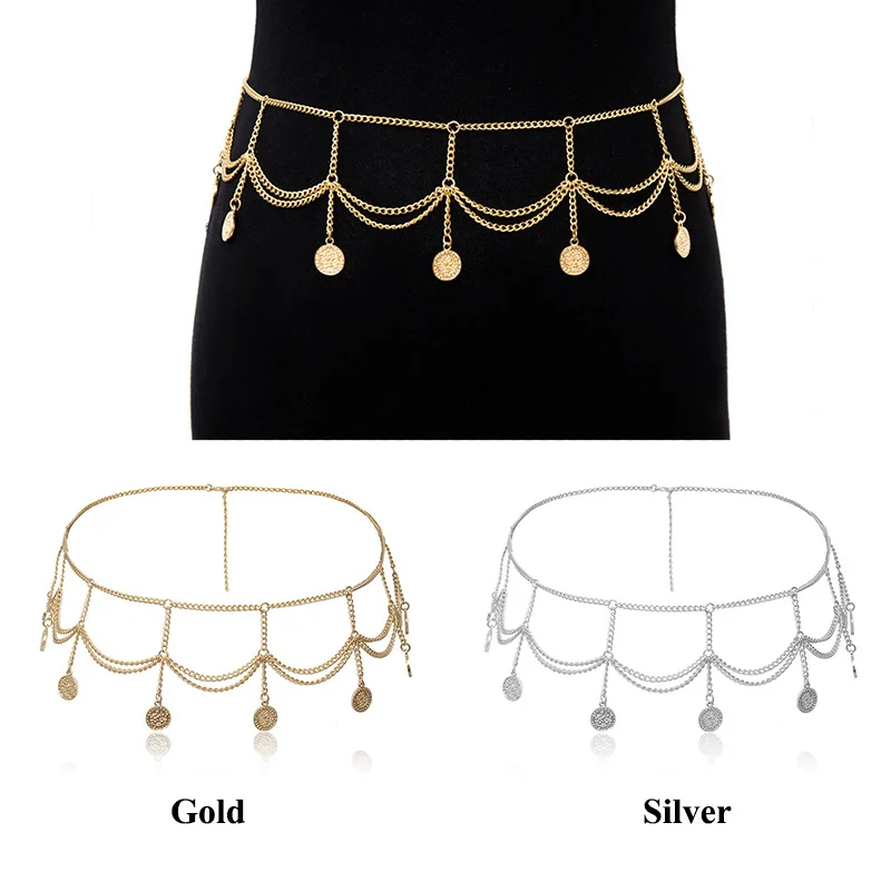 Retro Women Chain Belt Long Coin Tassel Gold Silver Chain Waistbands Metal Waist Chains Bohemian Jewelry For Dress Party Z15