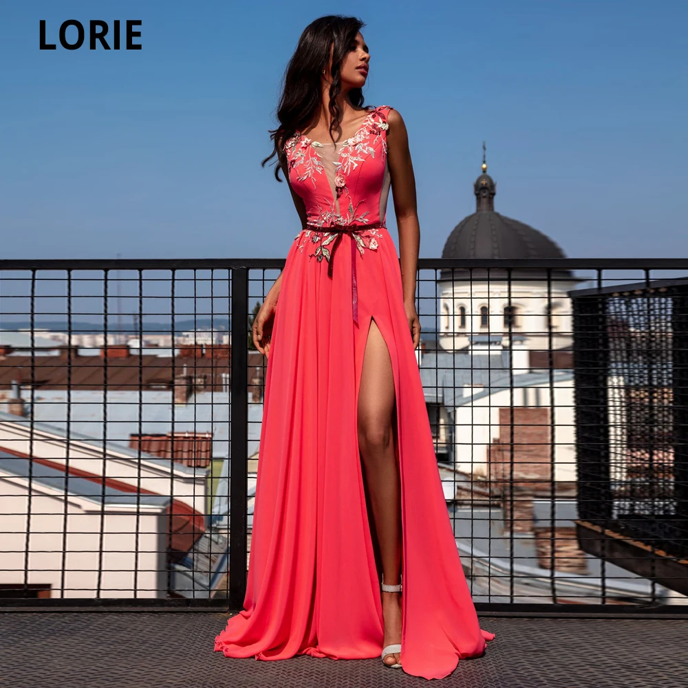 LORIE Chiffon Evening Dresses Long Formal Elegant Appliques with flowers Prom Gowns High Slit Special Occasion Gowns Plus Size