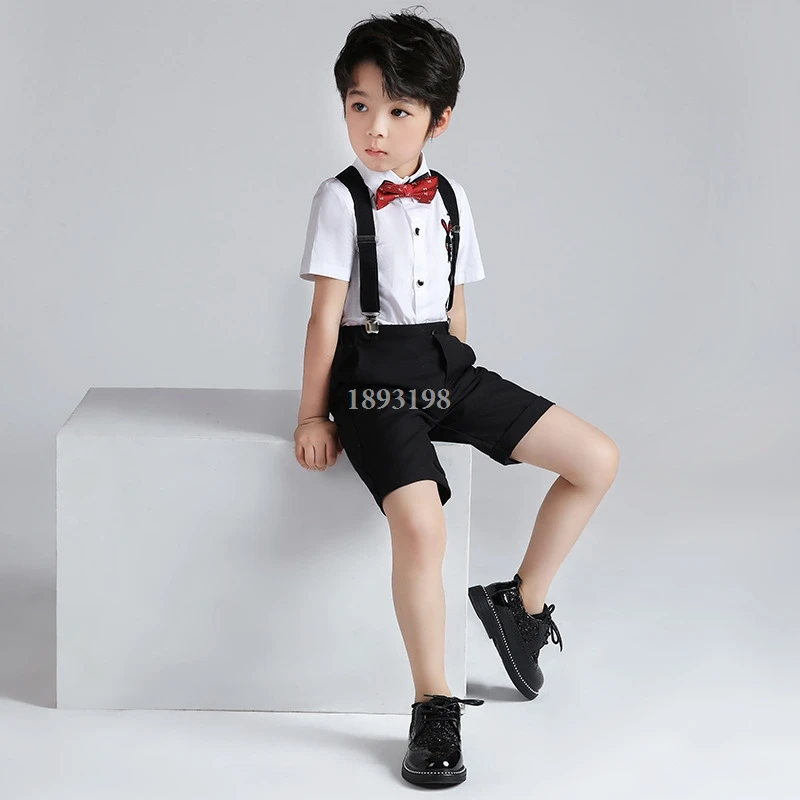 

Summer Boy's Dress Clothing Set New Children's Day Chorus Piano Performance Costume Kids Shirts Bib Shorts Bowtie Outfit