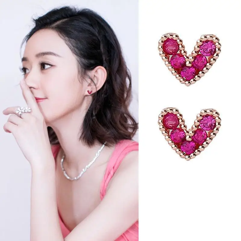 Fashion Hot Sale Sweet Peach Heart Pink Inlaid Zircon Shiny Mini Stud Earrings Faded Wild Valentine Gift Wedding Ear Jewelry