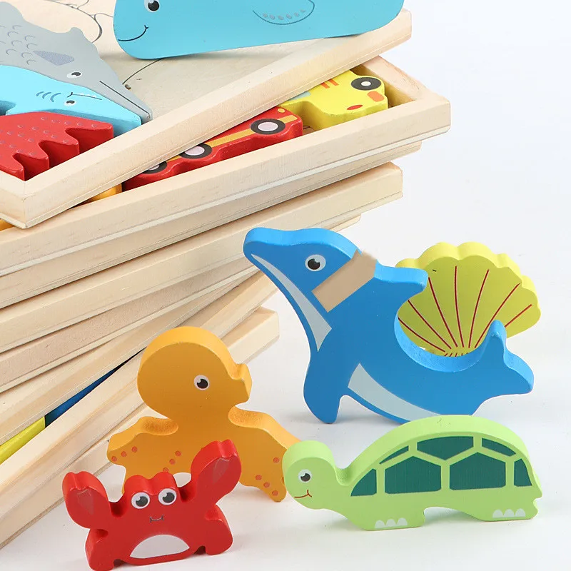 Hot New 3D Puzzle Wooden Toys Baby Learning Educational Hand Grasp Board Cartoon Animal Fruit and Vegetable Jigsaw Toy Gifts