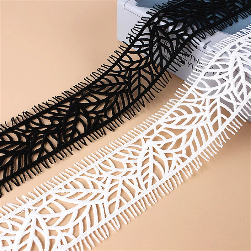 1yard 6.2cm High Quality White Black Leaf Texture Gear Eyelash Embroidery Hollow Webbing DIY Dress Decorative Ribbon Lace Party