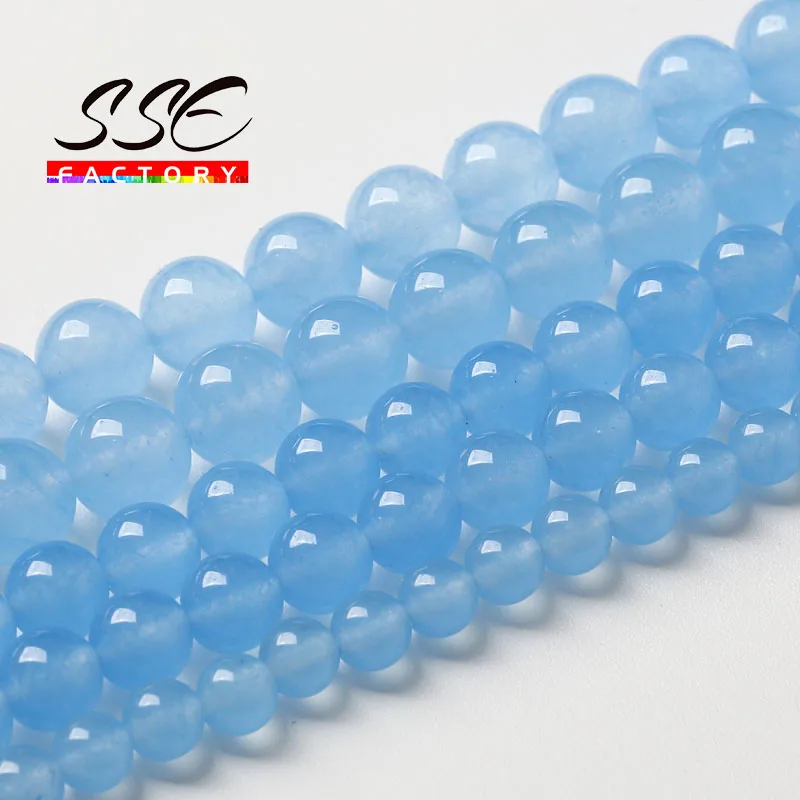 Natural Aquamarine Blue Jades Beads For Jewelry Making Round Loose Beads DIY Bracelet Necklace Accessories 4 6 8 10 12 14mm 15\'\'