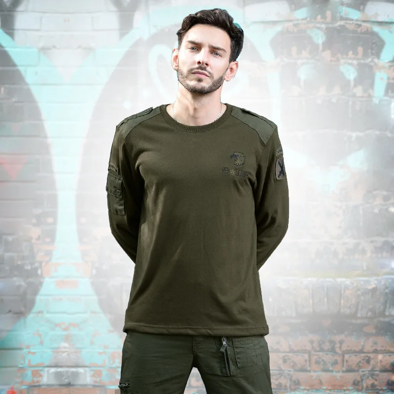 Military Style Men\'s T-Shirts Long Sleeve Male Casual Shirt Embroidery Solid Pure Cotton Shirt Men Clothing Camisetas A2F7013