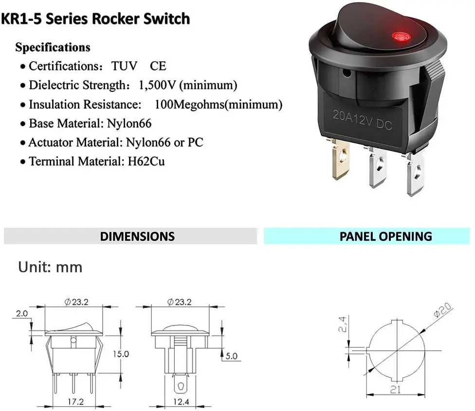 20pcs/lot 3 Pin 12V 20A Switch Amps Car Truck Rocker Round LED Toggle Switches On-Off Control Switch Blue Green Yellow Red