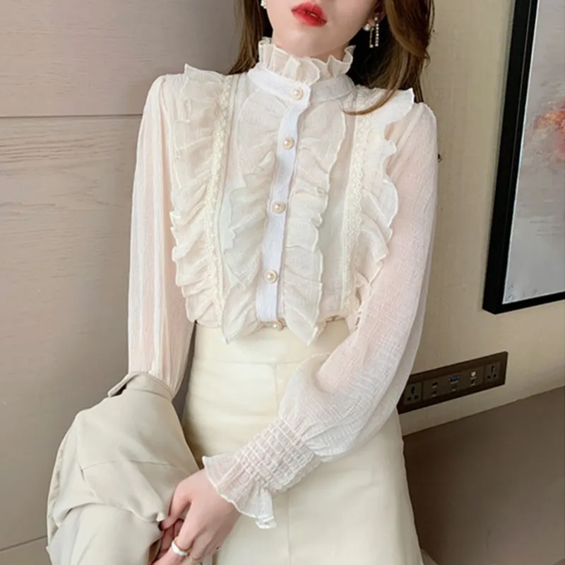 Elegant Fashion Luxurious Blouses Women OL Office Ladies White Shirt Wedding Frilly Ruffle Cuffs Shirts Female Chic Blouse Party