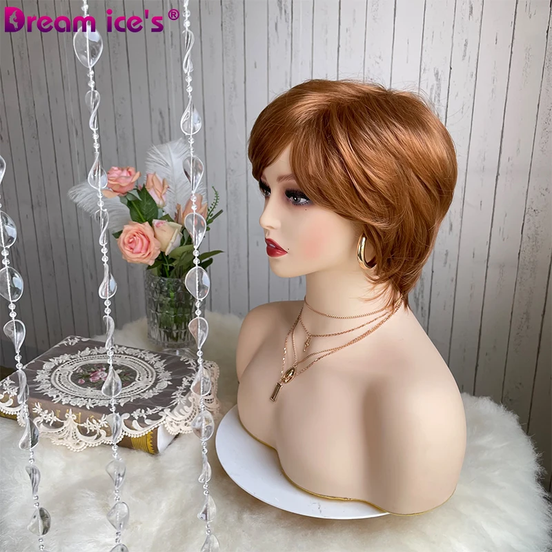 Brown Short Pixie Cut Straight Natural Wave Synthetic Wigs With Bangs For Women Fluffy Hair Heat Resistant Fiber Daily Wear Wigs