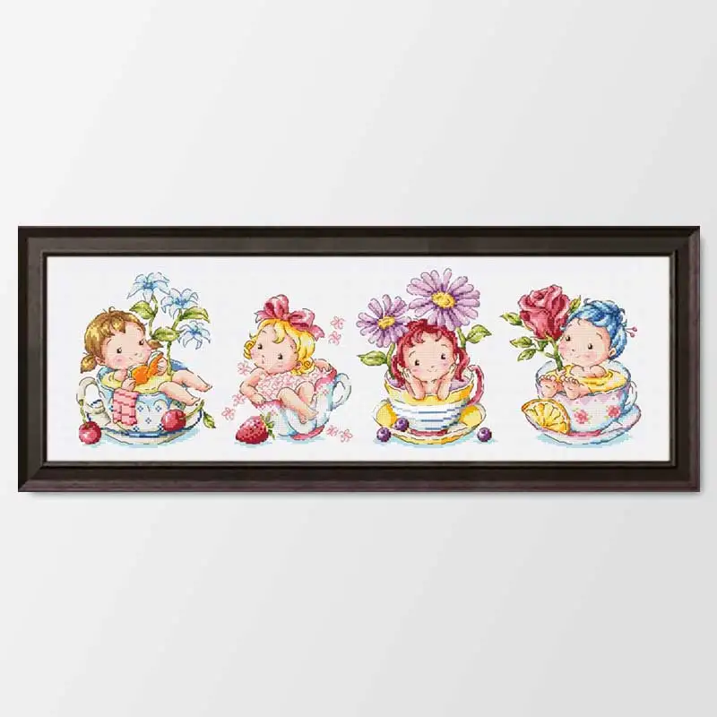 Fishxx Printed on Canvas Counted Chinese Cross Stitch Kits set Embroidery Needlework Flower elf in a tea bowl