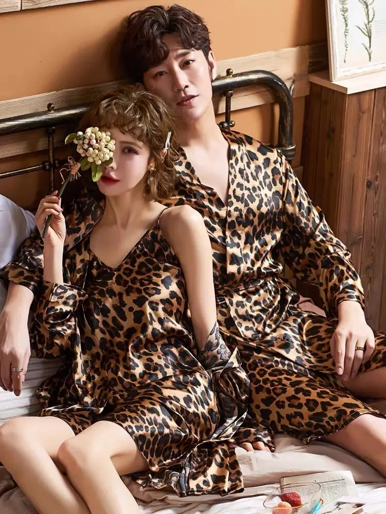 Kimono de seda de leopardo para hombre, bata de baño Ultra grande, camisón para pareja, ropa de dormir para pareja, amantes de la boda, talla grande