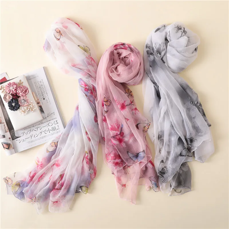 Fashion Women Silk Scarf Female Luxury Crocodile Folds Print Flower Foulard Shawls and Scarves Beach Sunscreen Pashmin