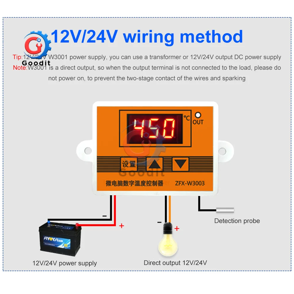 W3003 microcomputer digital intelligent thermostat red display 12/24V/220V K-type thermocouple sensor 0-450 ℃