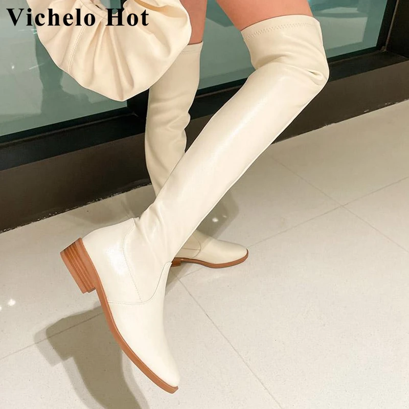 

Vichelo Hot cow split leather stretch boots slip on winter round toe stovepipe thick med heels preppy over-the-knee boots l01