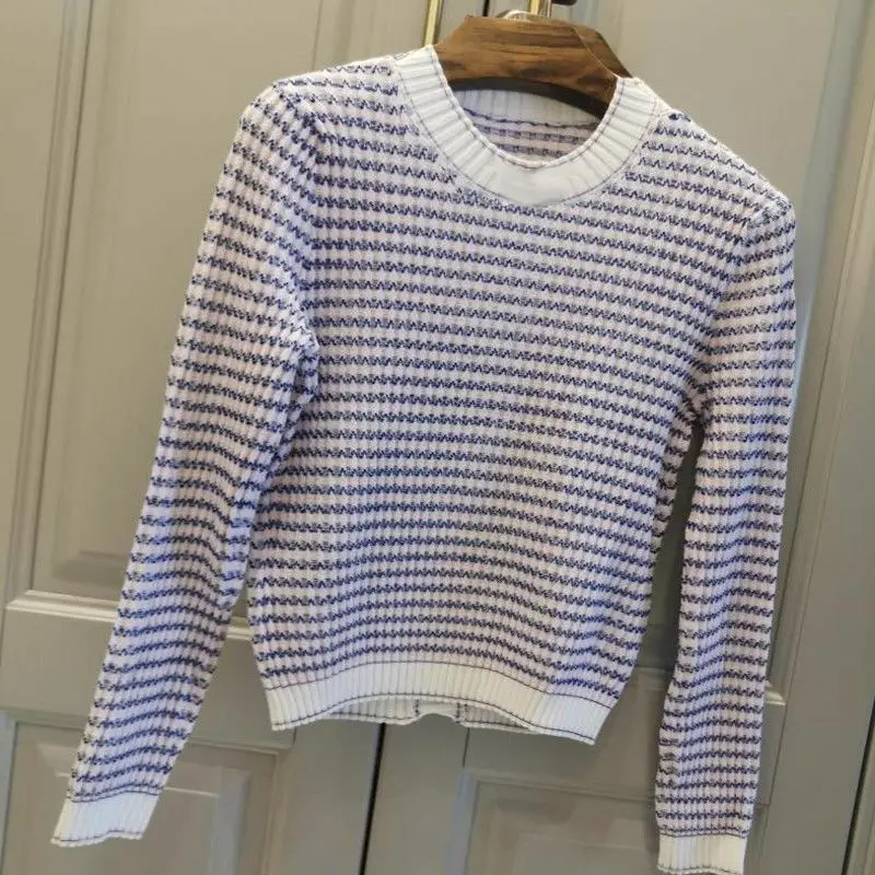 Matching Color Stripe long-sleeved knitting 2024 autumn and winter sweater temperament slim round collar woman