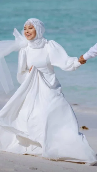 White Muslim Long Sleeve Wedding Dresses A-Line Vestido De Noiva 2023 Chiffon Elegant Dubai Arabic Hajab Bride Dress