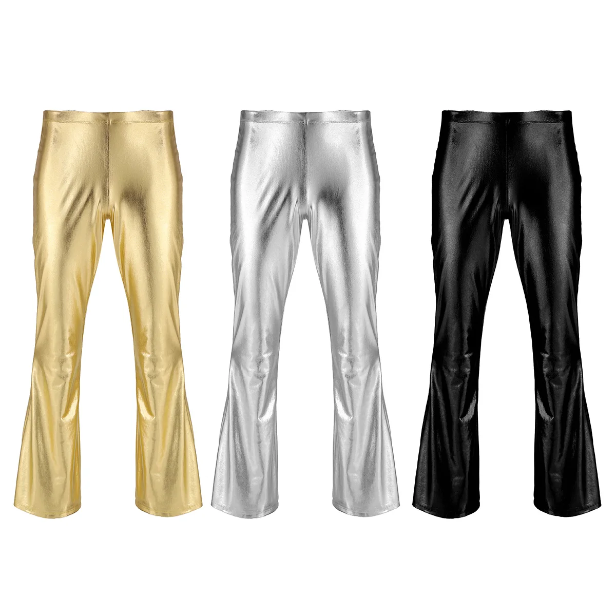 Pantaloni da discoteca da uomo lucidi metallizzati anni '70 per adulti pantaloni lunghi svasati con fondo a campana pantaloni da Costume da uomo moda festa a tema Clubwear 2023