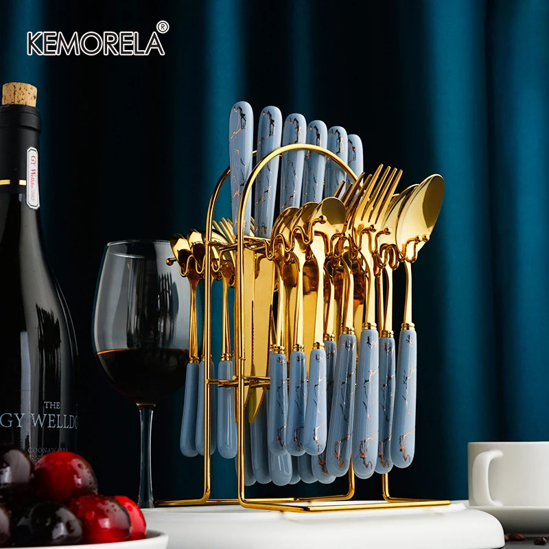 24pcs Stainless Steel Gold Tableware Set Knife Fork Spoon Luxury Cutlery Set With Storage Rack Dishwasher Safe Dinnerware Set