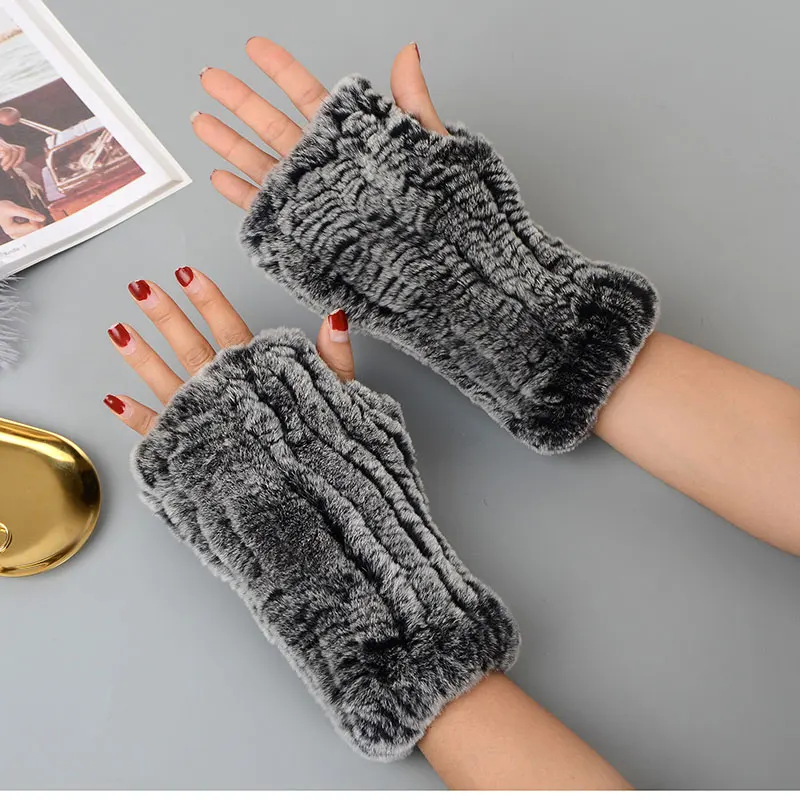 

New Style Winter 20 Cm Thick Warm Wristband Real Rex Rabbit Fur Stretch Fingerless Knitted Half Finger Computer Gloves
