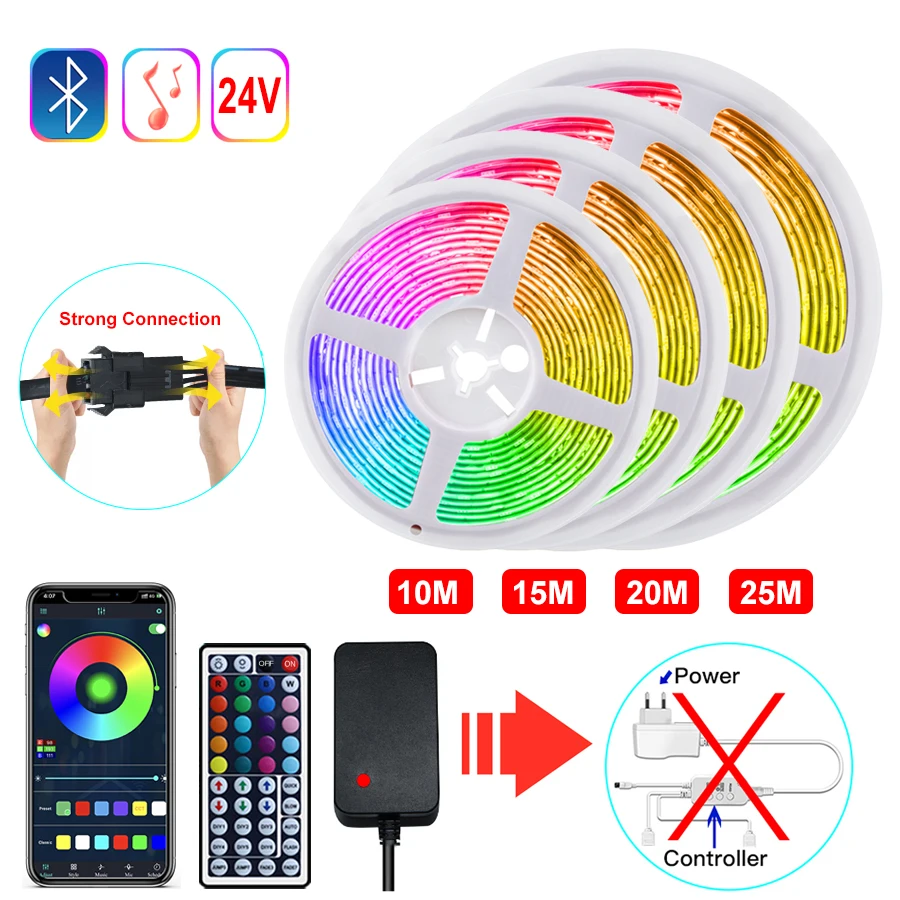 24V Bluetooth 5050 RGB LED Strip for Room 10M 15M 20M 25M 30M 35M 40M 45M 50M APP Control RGB Tape EU Power Adapter Remote