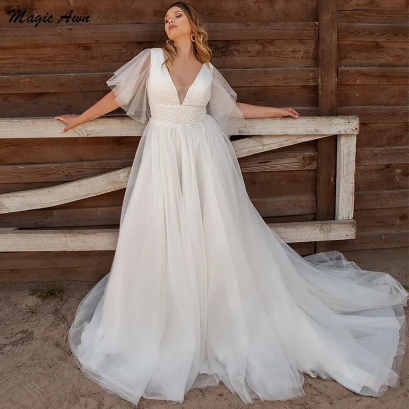 

Magic Awn Plus Size Boho Wedding Dresses Lace Appliques Illusion V-Neck Cap Sleeves Country A-Line Bride Gowns For Women Robes