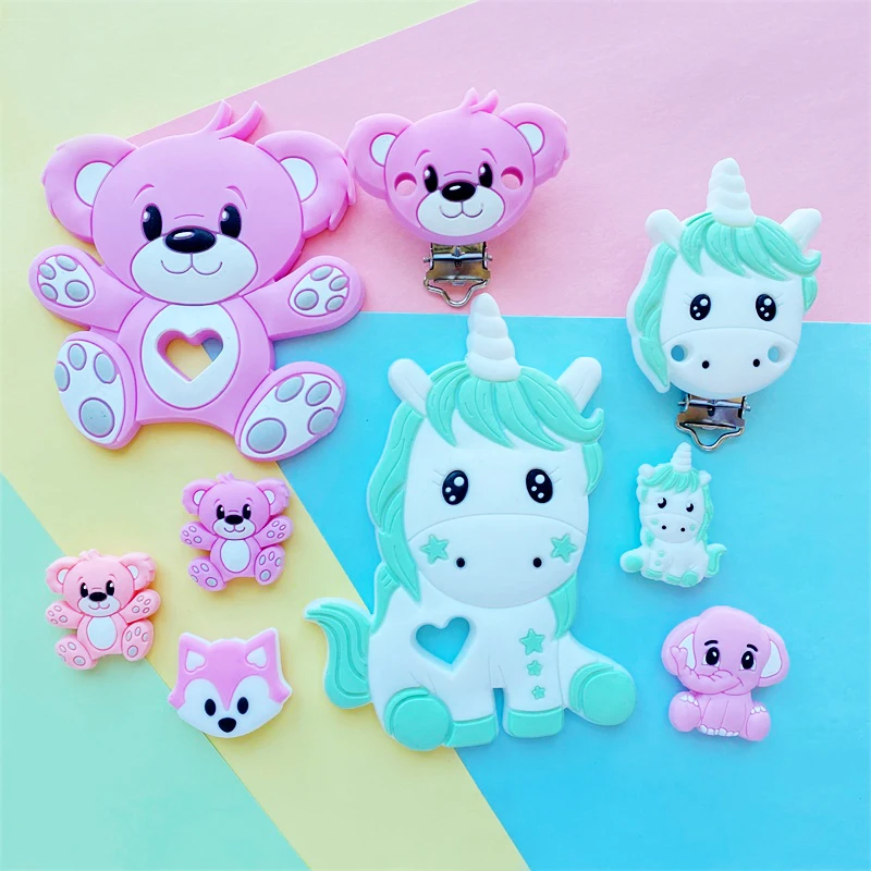 3 teile/satz Silikon Cartoon Tier Figur Beißring Perlen und Clips Baby Beißring Schnuller Kette Zubehör Zahnen Schmuck Spielzeug – Detail 1