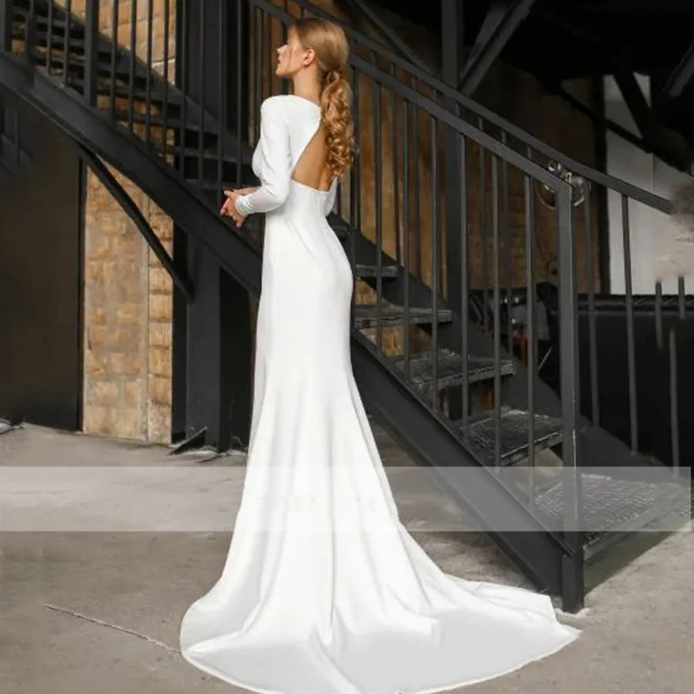 Simple O Neck Mermaid White Wedding Dresses 2024 Long Sleeves Backless Sweep Train Bridal Gown Robe De Marie Custom Made Elegant