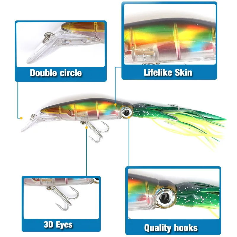 FLYSAND-Señuelos de Pesca duros de calamar de simulación grande, cebo de pulpo Swimbait realista con 2 anzuelos triples, accesorio de pesca