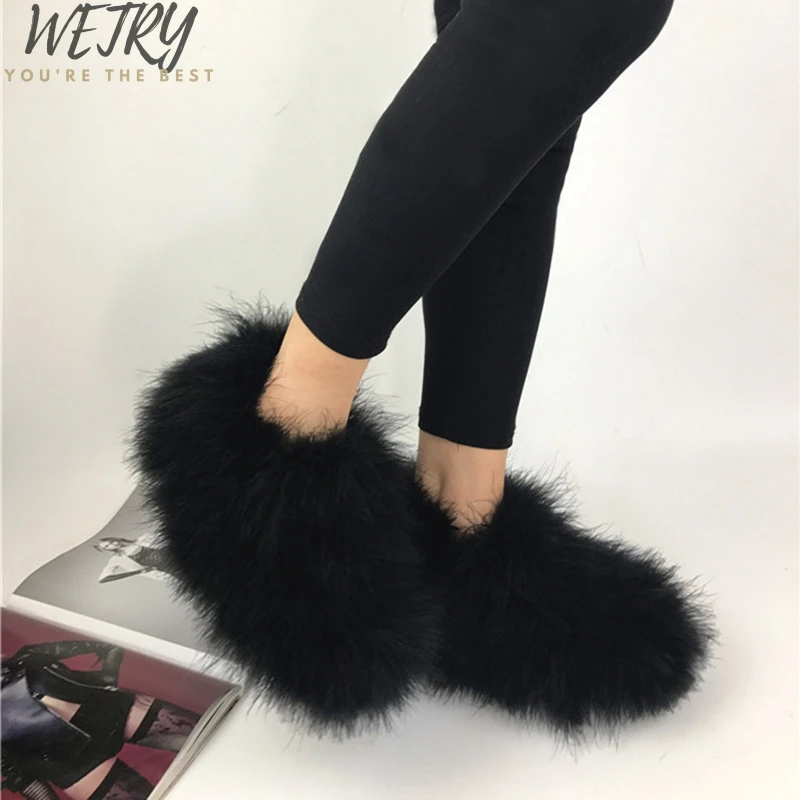 Winter Women Snow Boots Genuine Real hairy Ostrich Feather furry Fur flats plush warm ski outdoor boots shoes botte