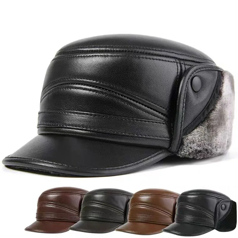 Winter Men\'s Leather Hat Thicken Leather Sheepskin Baseball Caps With Ears Warm Snapback Dad\'s Hats Sombrero De Cuero Del Hombre