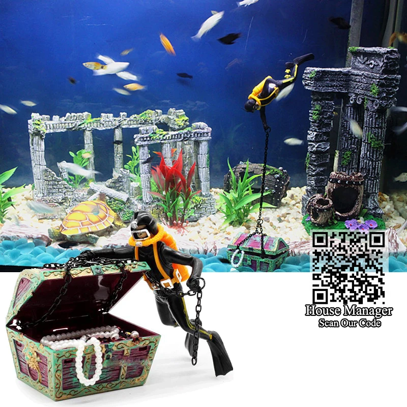 Aquarium Decoration Fish Tank Waterscape Treasure Box Air drive Frogman Hunter Aquarium Diver for aquarium air accessories fish