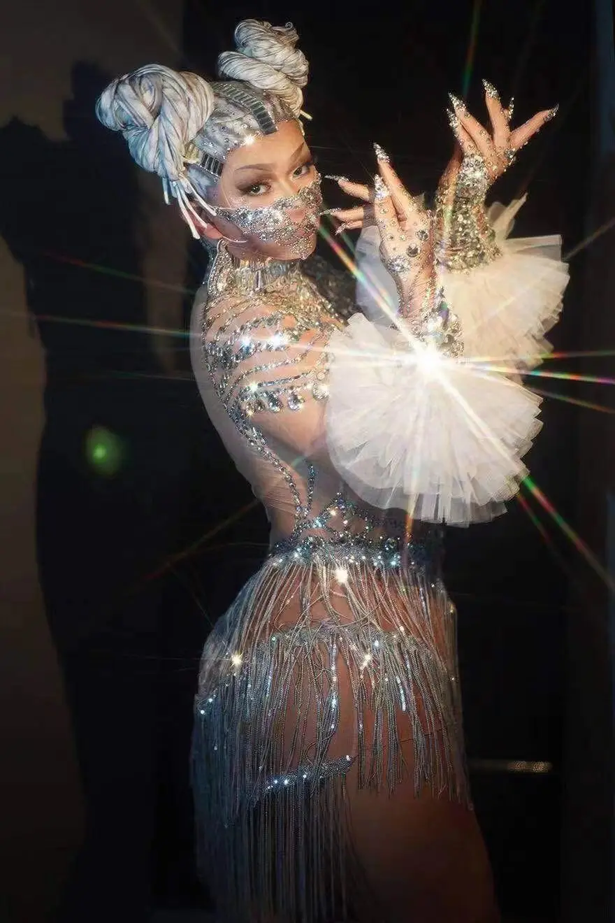 

Наряд для ночного клуба, танцевальное платье со стразами и кисточками, перчатки, сексуальный сетчатый купальник с кристаллами, певица, танцовщица, сценическая одежда