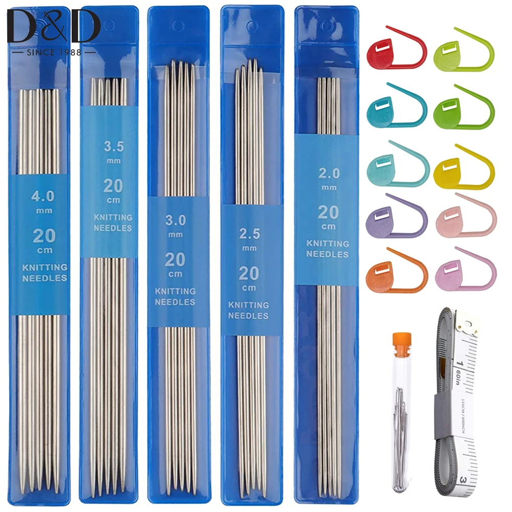 

20cm Straight Knitting Stainless Steel Needles Kit 2.0mm-4.0mm With Locking Stitch Makers Large-eye Blunt Needles Measure Tape