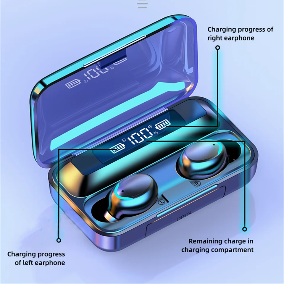 F9-5 TWS auricolari Bluetooth cuffie Wireless 9D Stereo sport auricolari impermeabili cuffie con microfono all'ingrosso
